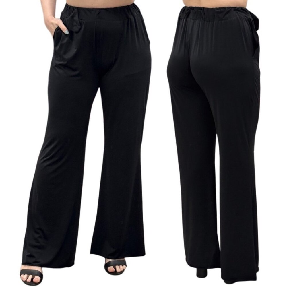 AnaMaria Couture High Rise Wide Leg Flare Faux Silk Pants in Black One Size